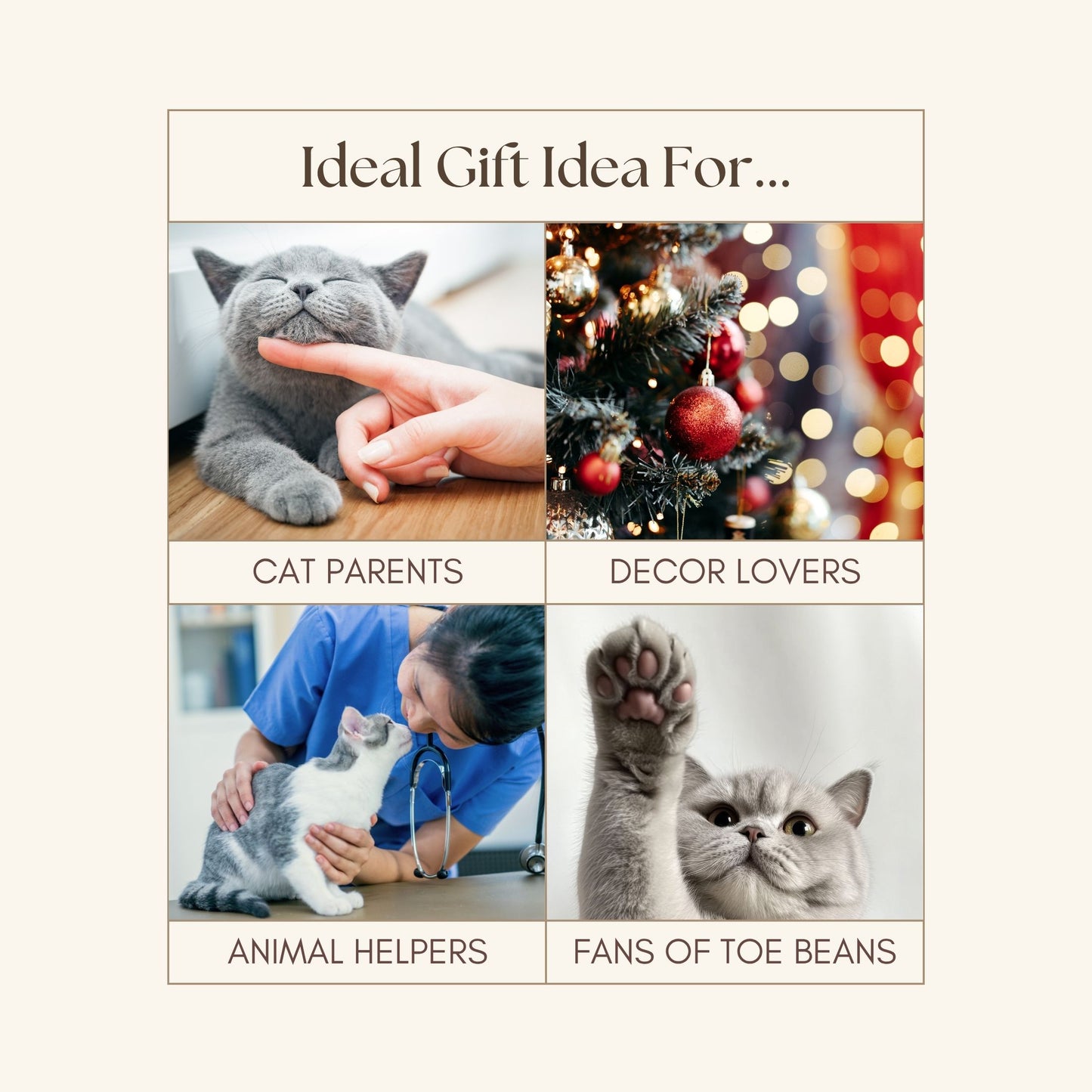 Gift idea collage for the gray cat holiday ornament, for cat parents, decor lovers and toe bean fans