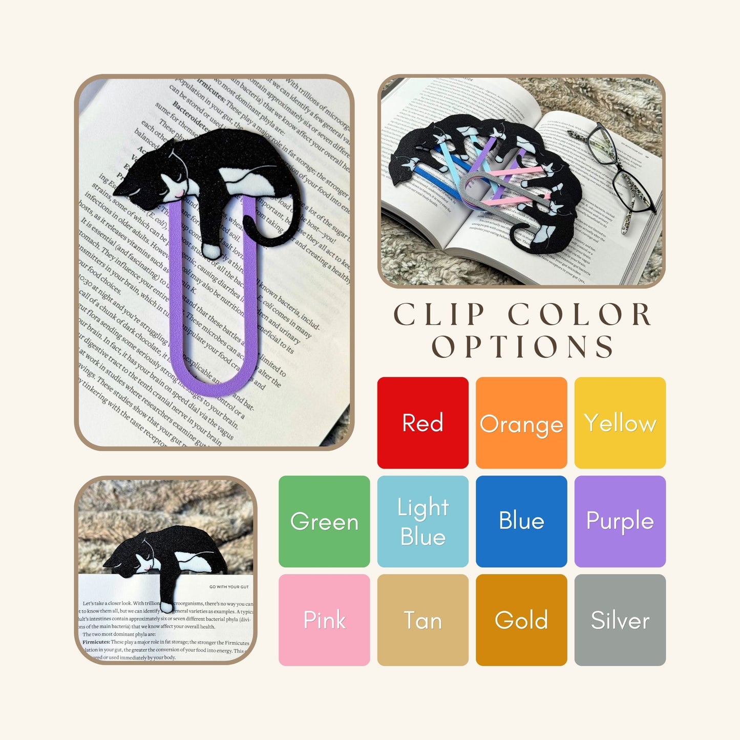 Adorable Black Tuxedo Cat Bookmark - Flexible Paperclip Design