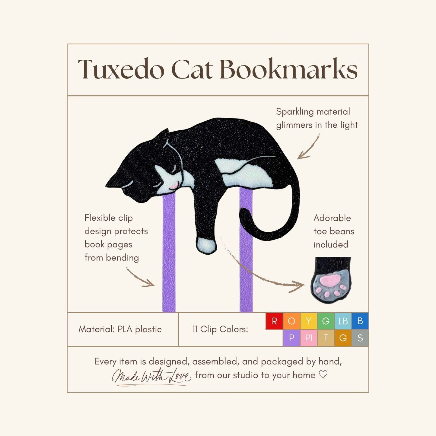 Adorable Black Tuxedo Cat Bookmark - Flexible Paperclip Design