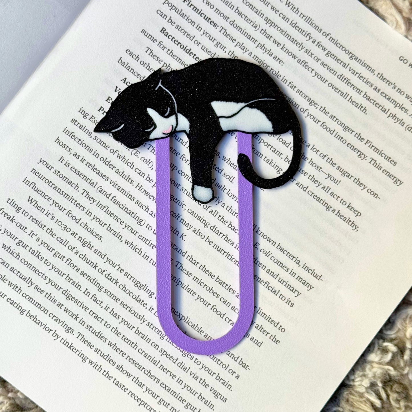 Tuxedo cat purple bookmark on an open book