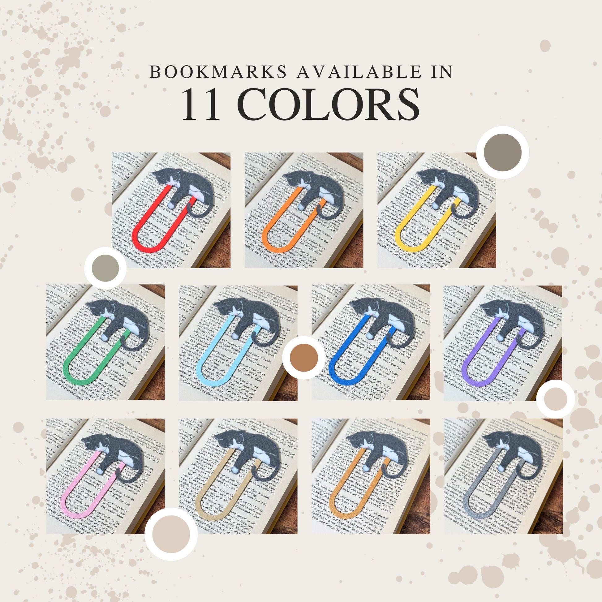 Tuxedo cat bookmarks shown in all 11 different colors including gold, silver, pink, tan, red, orange, yellow, green, blue, purple