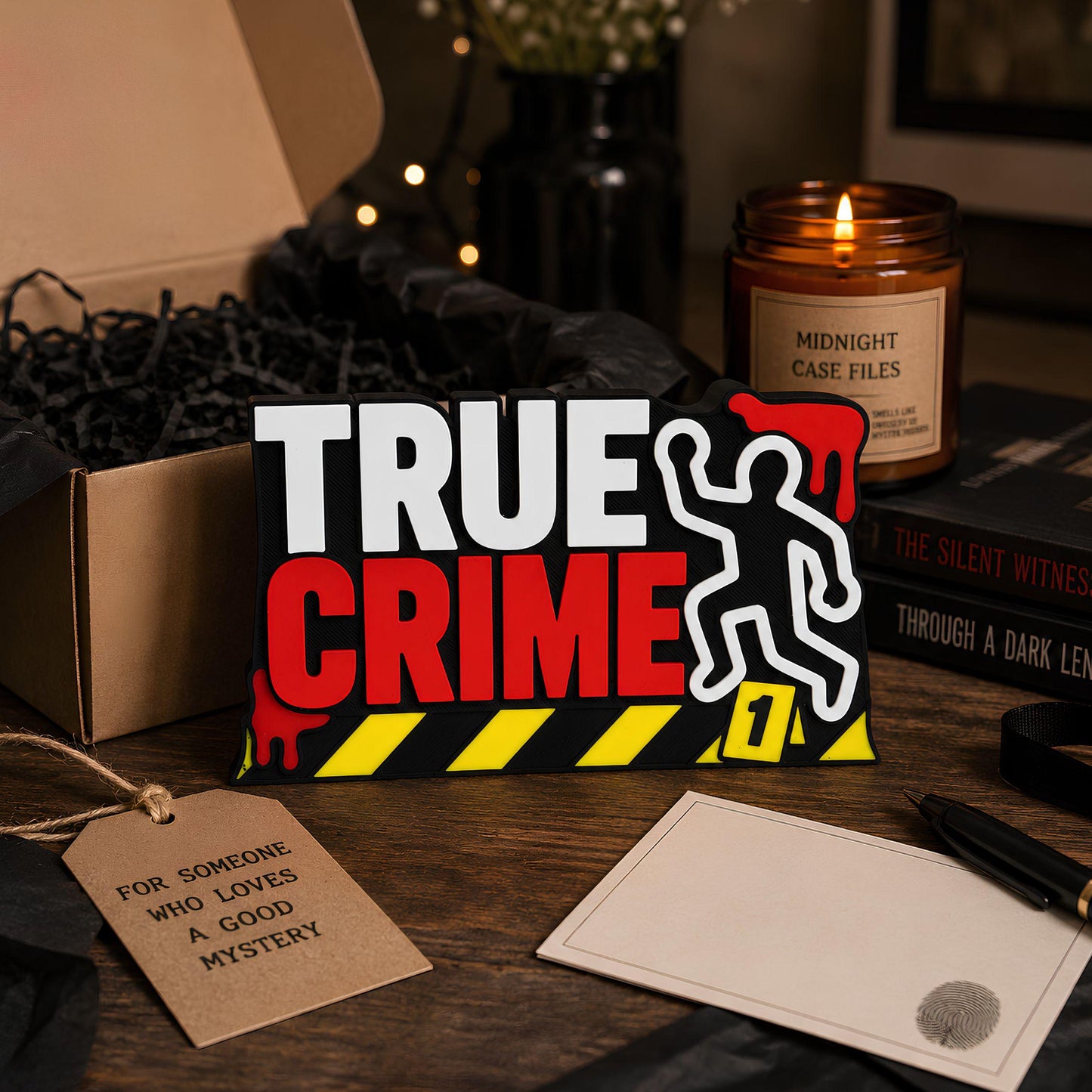 True Crime Bookshelf Sign | Mystery Fan Shelf Decor