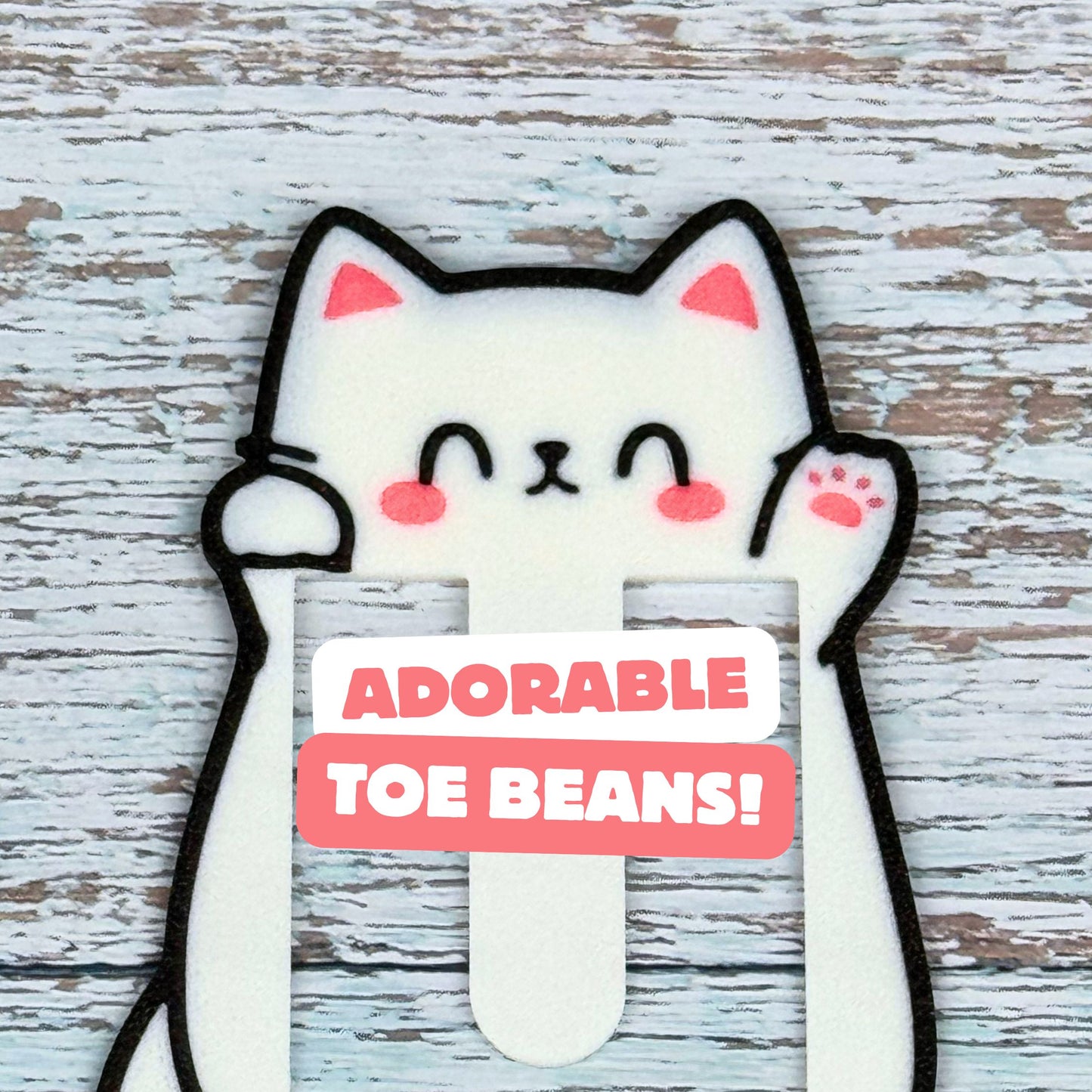Cute kawaii style cat bookmark waving hello showing off its cute pink toe beans