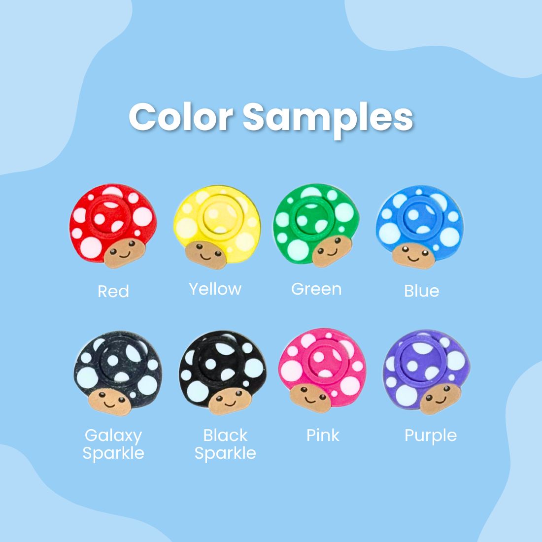 Eight color options for the mushroom lip balm stands including red, yellow, green, blue, galaxy sparkle, black sparkle, pink, and purple.