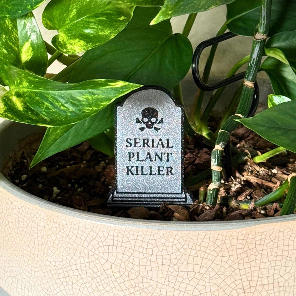 Tombstone that reads "Serial Plant Killer" with a skull and crossbones above the text in the soil of a houseplant zoomed in