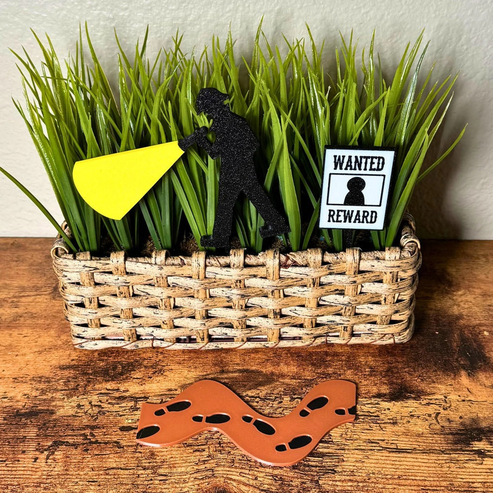 True crime scene plant decor set with an investigator, wanted poster, and footprint trail