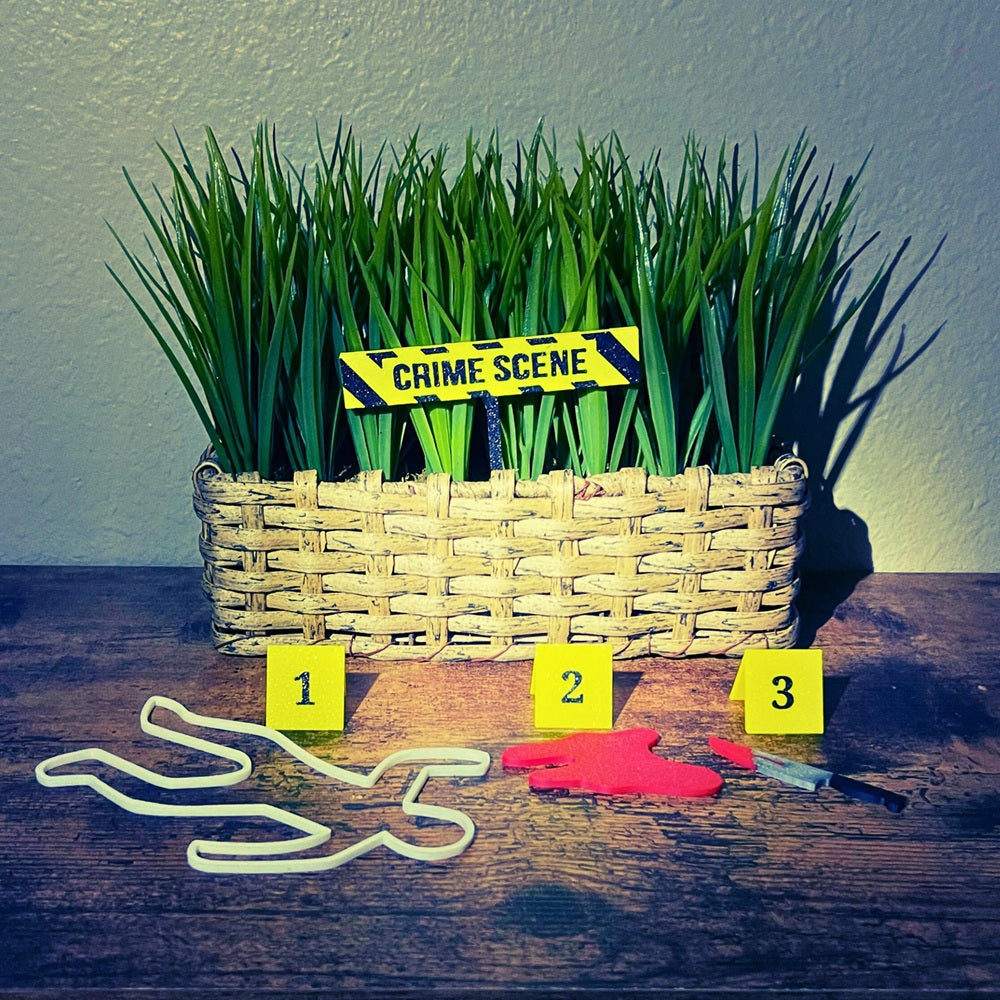 True crime scene plant decor set with a crime scene plant stake, body outline, bloody knife, blood pile, and scene markers