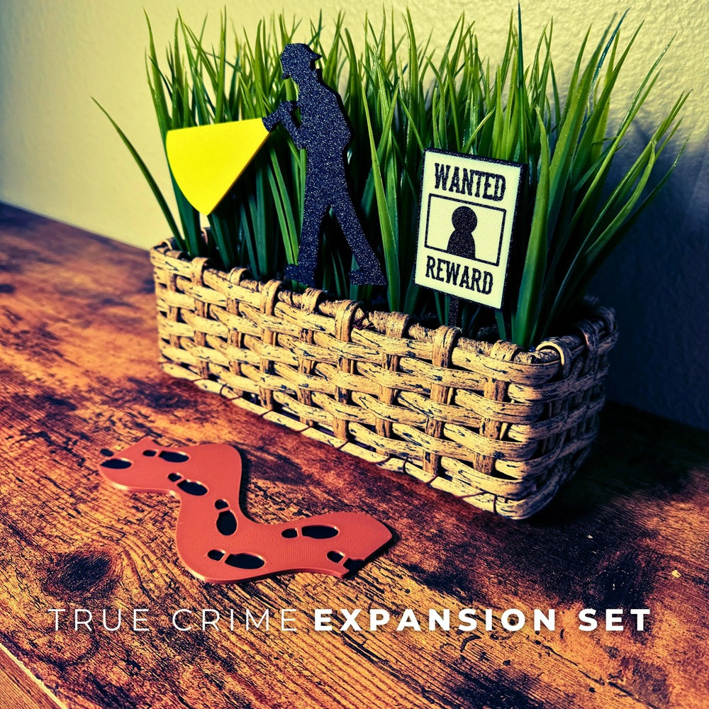 True crime scene plant decor set with an investigator, wanted poster, and footprint trail