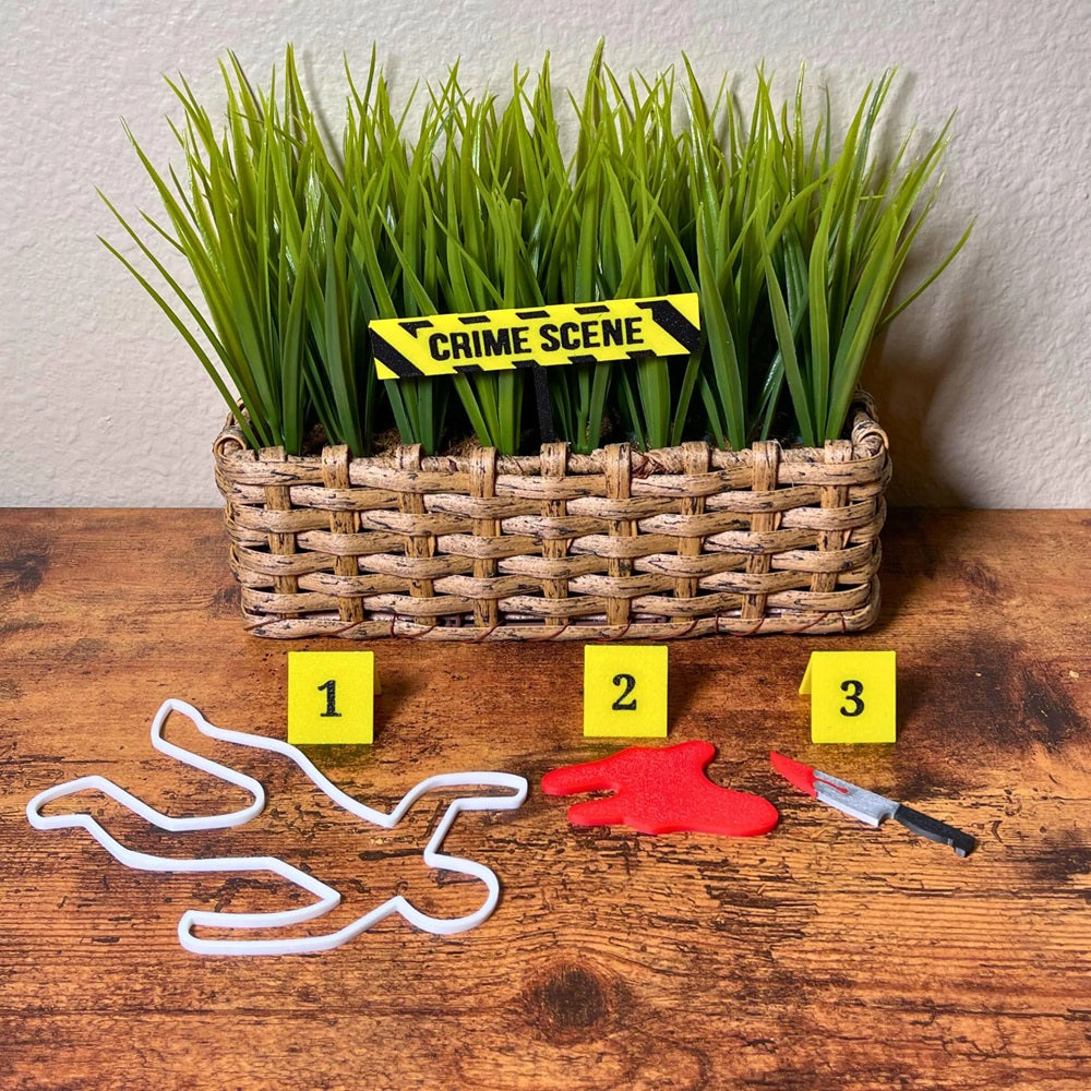 True crime scene plant decor set with a crime scene plant stake, body outline, bloody knife, blood pile, and scene markers