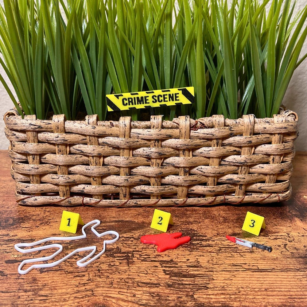 Small true crime scene plant decor set with a crime scene plant stake, body outline, bloody knife, blood pile, and scene markers
