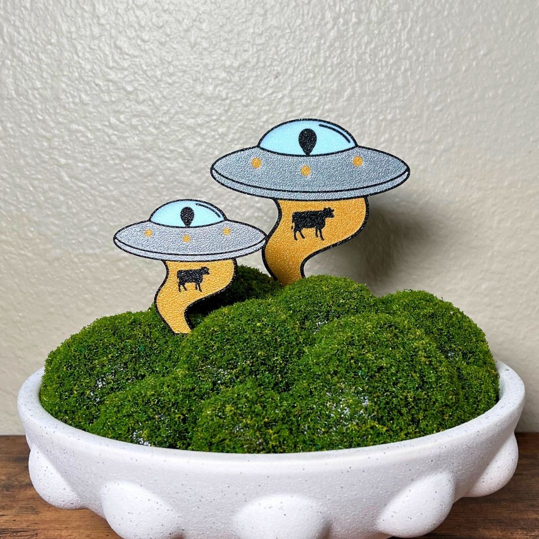 2 different size UFO Plant stakes with alien inside using it's golden beam to pull up a cow stuck inside a beautiful green house plant