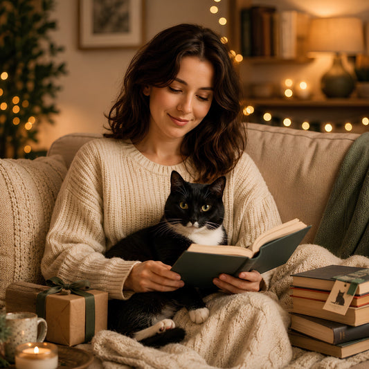 Woman reading with a tuxedo cat in a cozy living room, featuring gift ideas for cat lovers and readers