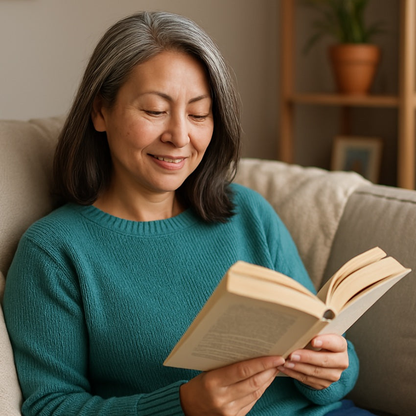 Avid reader in a teal sweater smiling over an open paperback on a cozy beige couch
