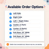 Available order options list for the drip door topper, from 7.2 inch side pieces to 33 and 41 inch full door widths