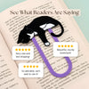 A black and white cat-shaped bookmark with purple clip placed on an open book. The image includes promotional text reading 'See What Readers Are Saying' and three review bubbles with 5 star ratings and customer feedback.