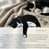Tuxedo cat bookmark resting inside a book with the paw dangling over the page with a sleeping tuxedo cat in the background
