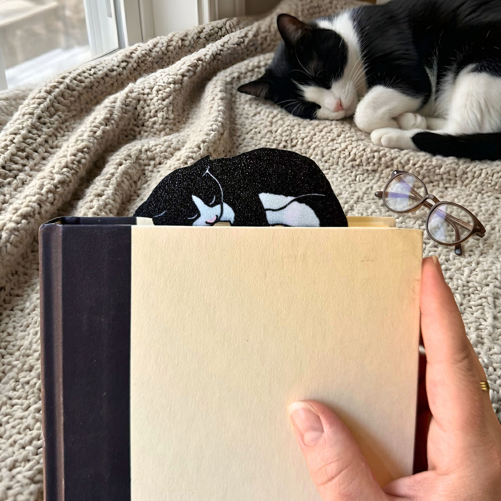 Person holding a closed book with a cat-shaped bookmark, cat lying on a blanket in the background