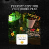 Decorative set with crime scene props and text 'Perfect Gift for True Crime Fans' on a dark background. There is a customer review saying "The cat did it!"