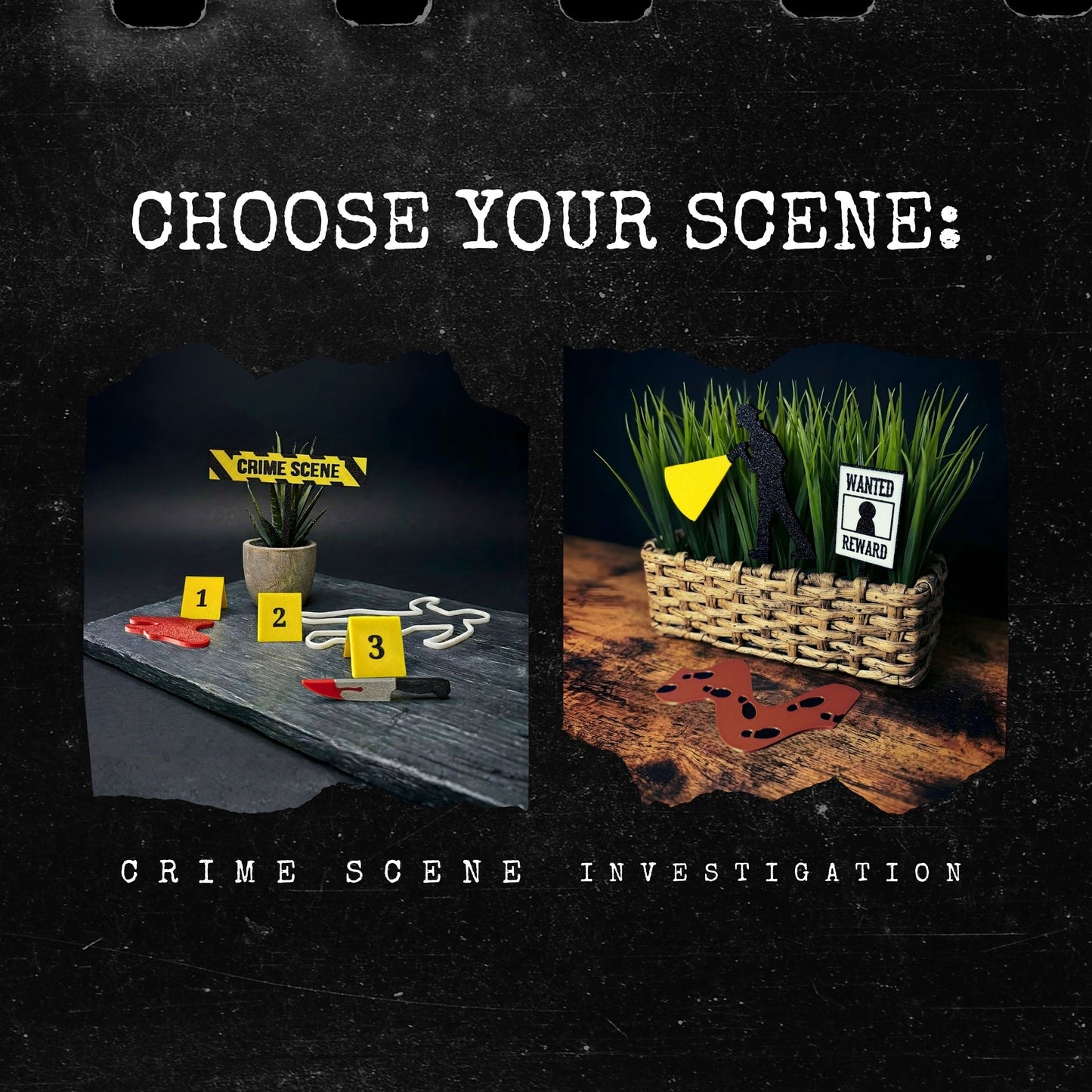 Crime scene investigation set options on a dark background