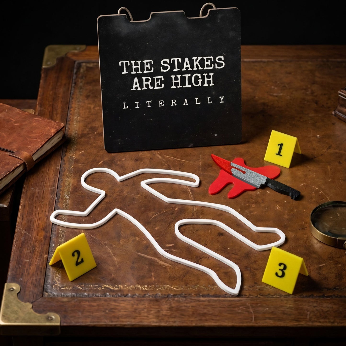 Detective scene with body outline, evidence markers, and text 'The Stakes Are High Literally' on a wooden surface.