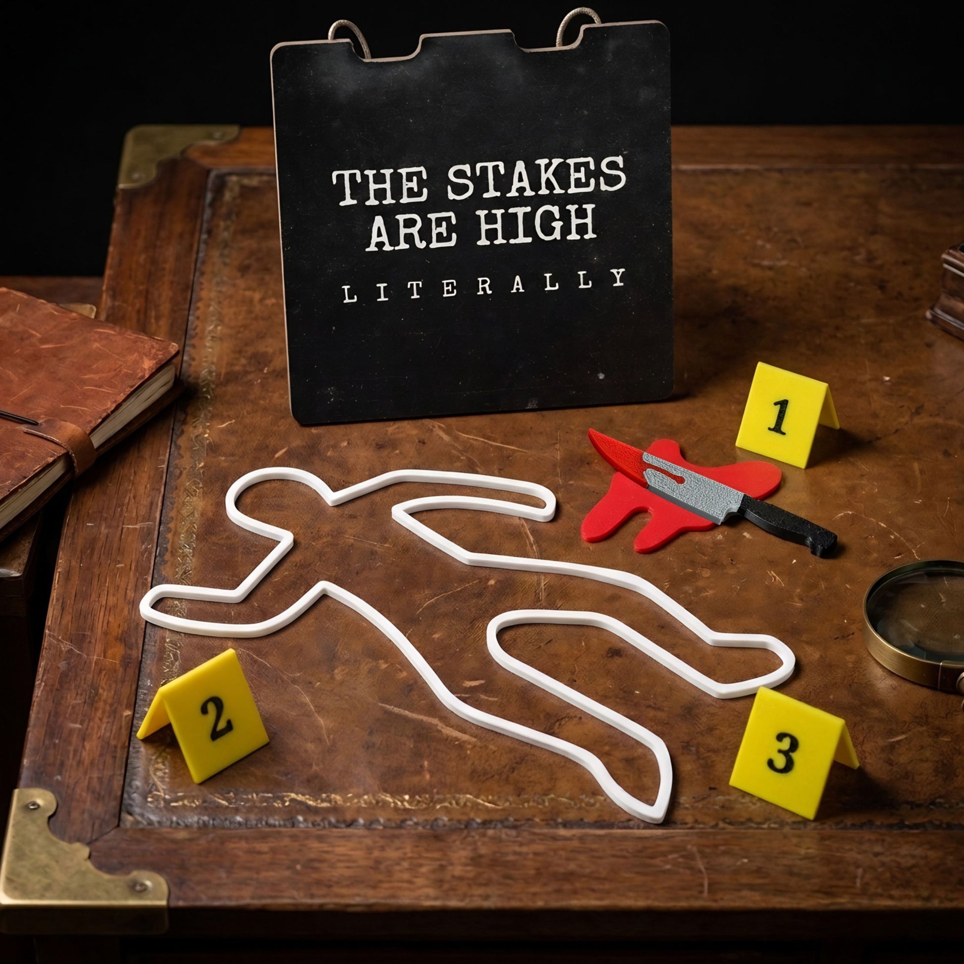 Detective scene with body outline, evidence markers, and text 'The Stakes Are High Literally' on a wooden surface.