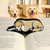 Two golden retrievers sit happily in a cozy modern kitchen behind an open book featuring a Labrador and Golden Retriever themed reading comfort ring that holds the pages open with you. Perfect for pet parents and book lovers, this handcrafted book accessory doubles as charming bookshelf and book nook decor.