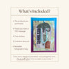 Product packaging with a card inside, featuring text describing the contents of the order.
