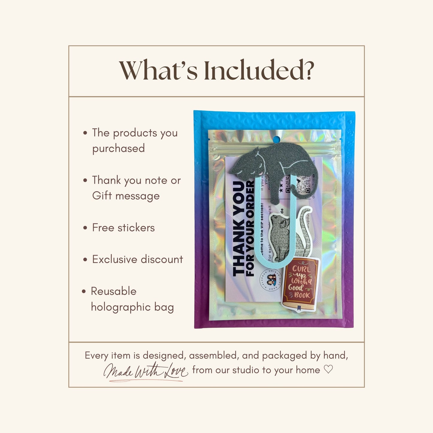 Product packaging with a card inside, featuring text describing the contents of the order.