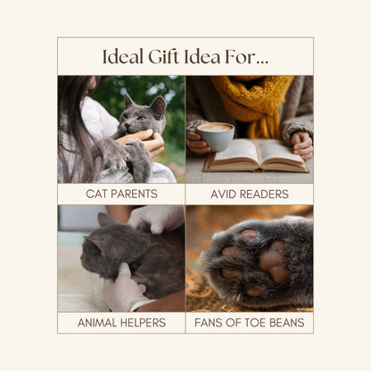 Collage of images with text indicating ideal gift ideas for cat parents, avid readers, animal helpers, and fans of toe beans.