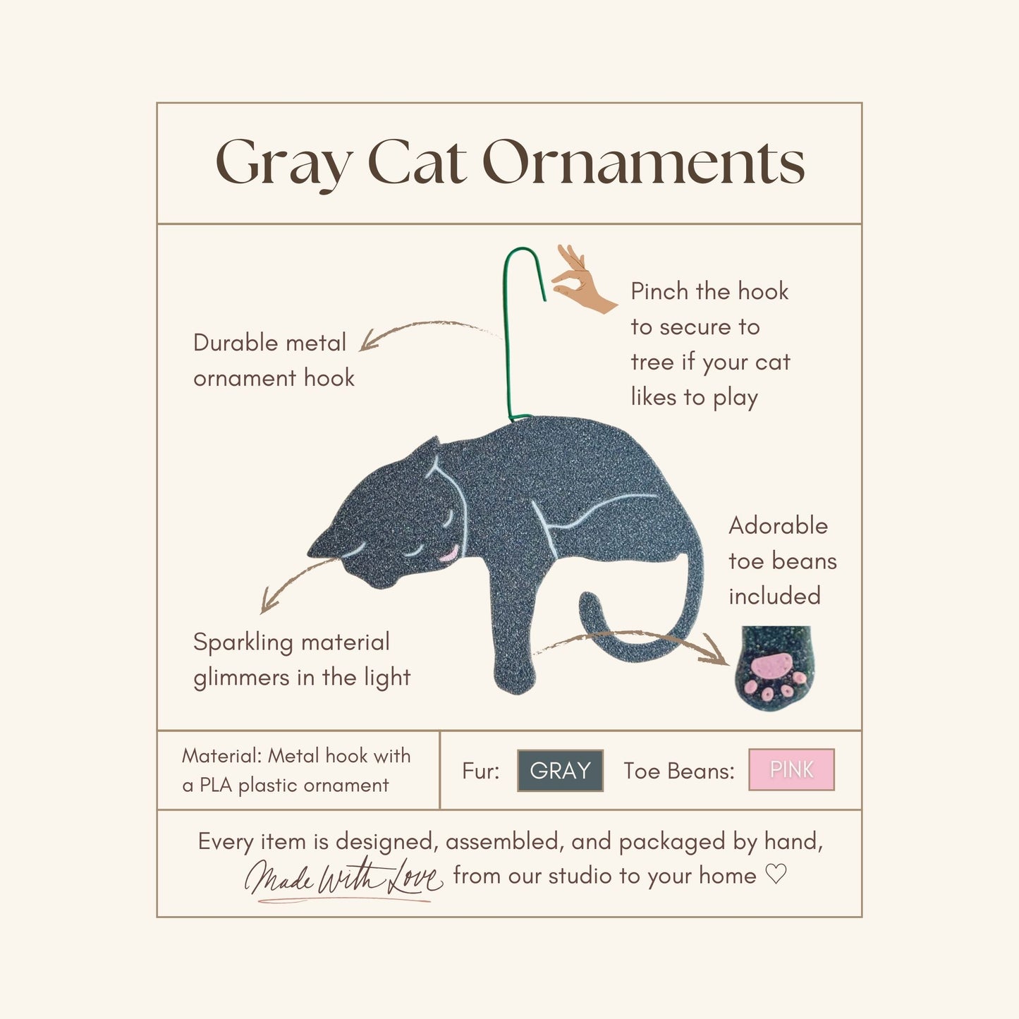 Gray Cat Ornament with Adorable Toe Beans