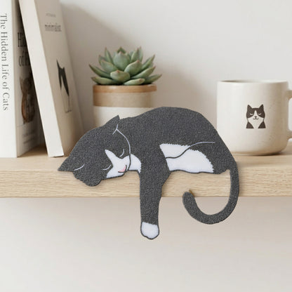 Gray and white tuxedo cat shelf pet napping on a light wood shelf beside books and a cat mug