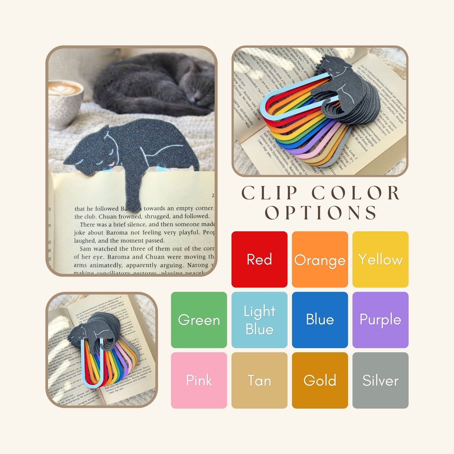 Color swatches for rainbow clips with a gray cat-themed bookmark