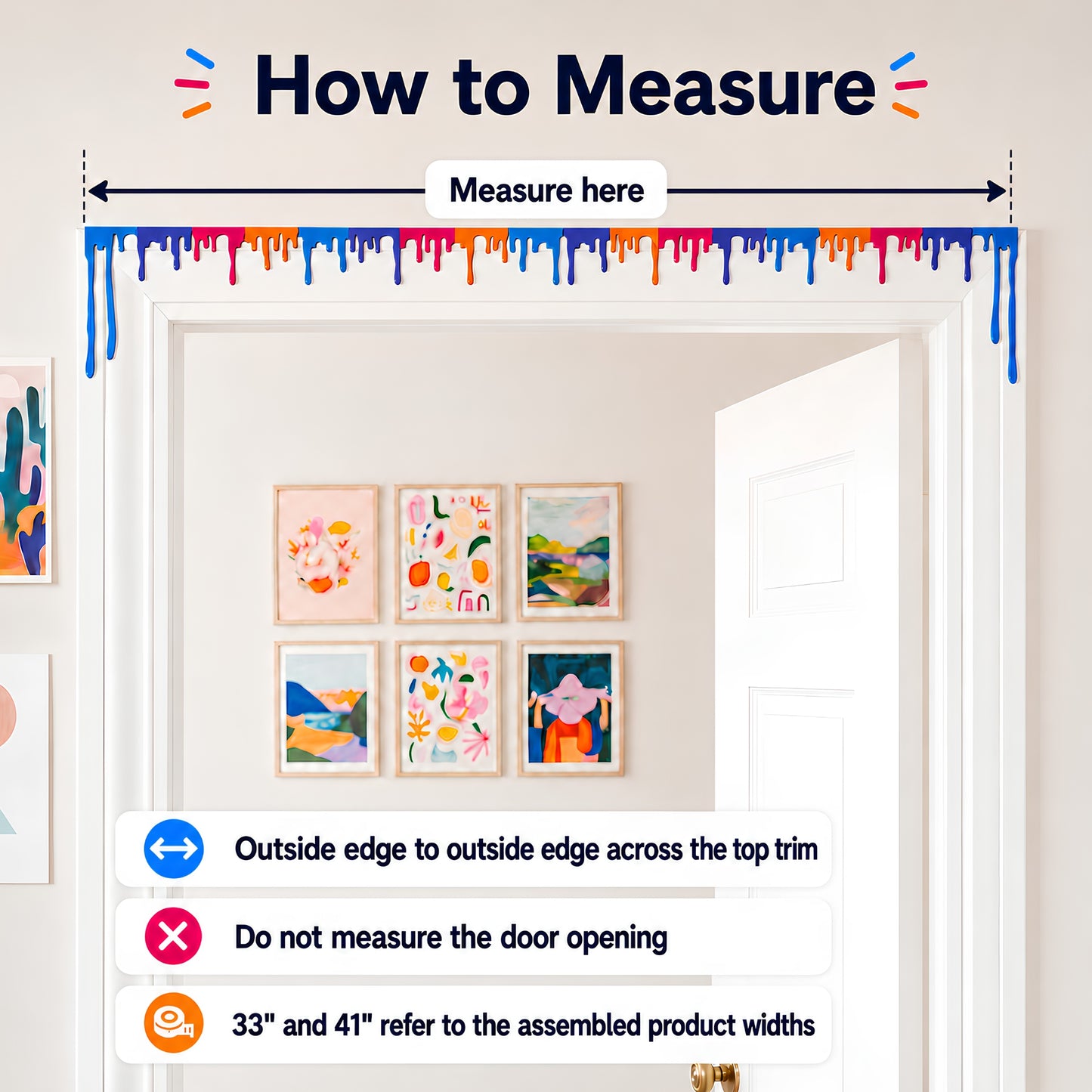 How to measure infographic for the paint drip door topper, measure across the top trim, not the door opening