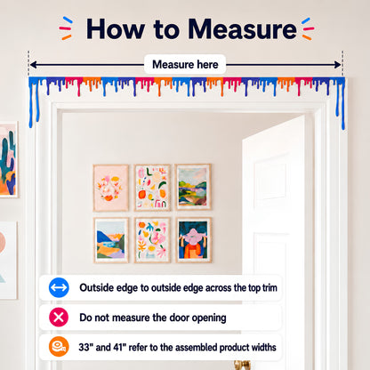 How to measure infographic for the paint drip door topper, measure across the top trim, not the door opening