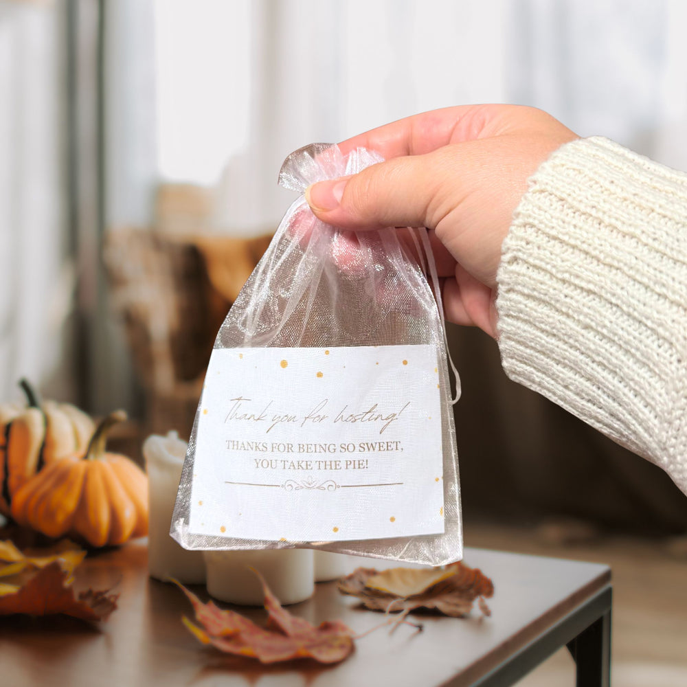 Hand holding a sheer gift bag with a thanks for hosting card, pie magnet holiday gift with pumpkins in the background