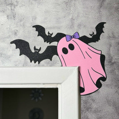 Pink Ghost Bat Halloween Door Corner Sign