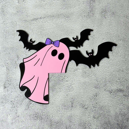 Pink Ghost Bat Halloween Door Corner Sign