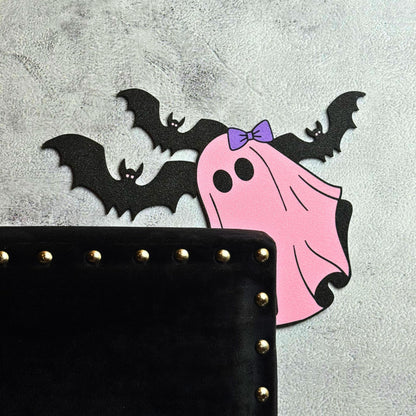 Pink Ghost Bat Halloween Door Corner Sign