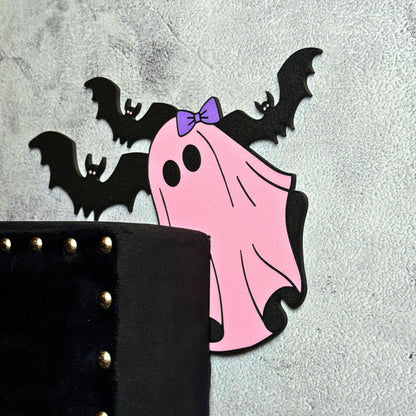 Pink Ghost Bat Halloween Door Corner Sign