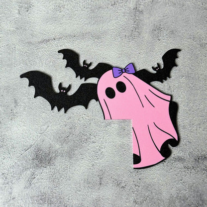 Pink Ghost Bat Halloween Door Corner Sign