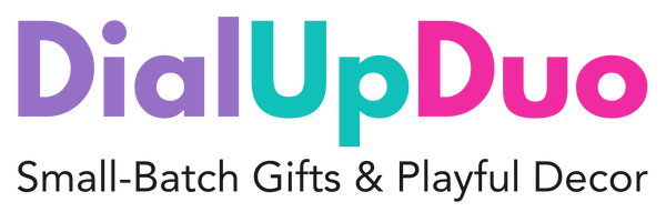 DialUpDuo logo with playful decor and gift-ready goods tagline