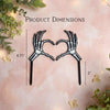 Skeleton hands forming a heart shape with product dimensions on a decorative background.
