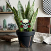 Potted plant with a skull and roses plant stake in a millennial room setting