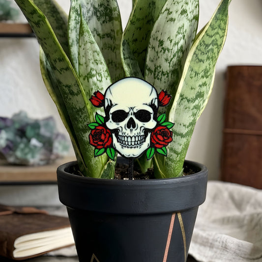 Potted plant with a skull and roses plant stake in a blurred living room