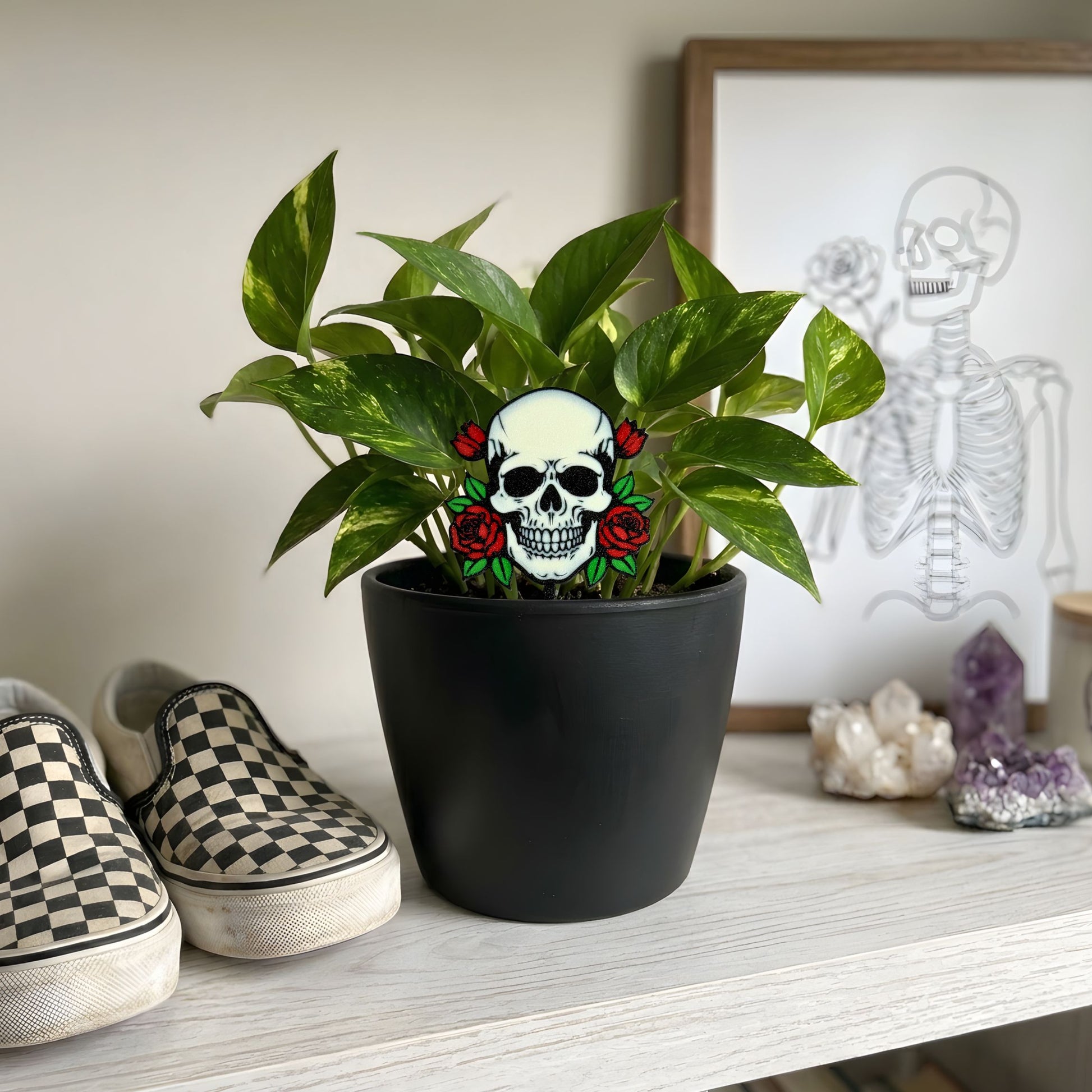 Potted plant with a skull and roses plant stake on a shelf next to checkered shoes and a skeleton painting.