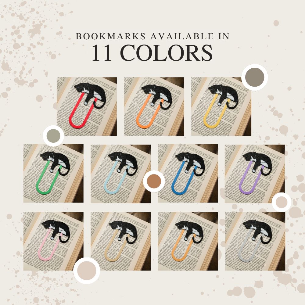 Tuxedo cat bookmarks shown in all 11 different colors including gold, silver, pink, tan, red, orange, yellow, green, blue, purple