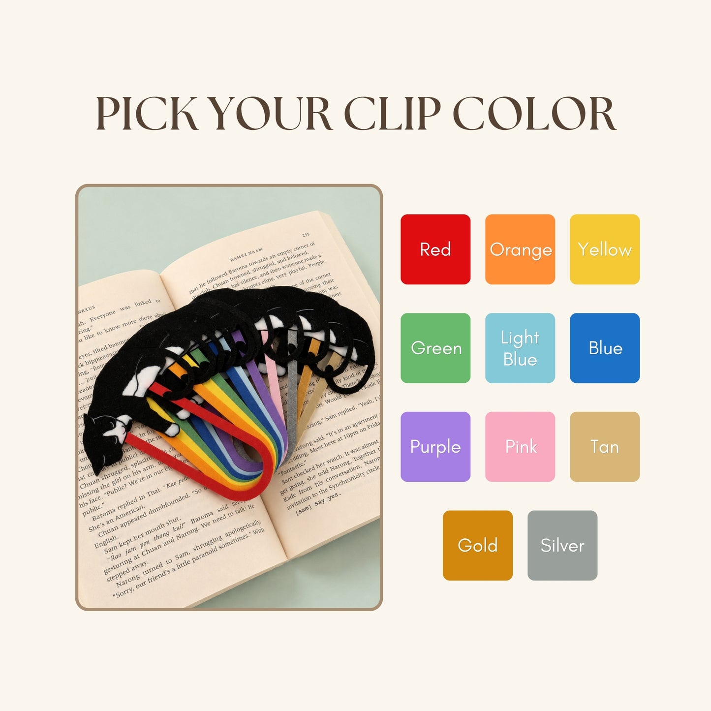 A color selection graphic for bookmarks showing the text 'PICK YOUR CLIP COLOR' above an open book with tuxedo cat bookmarks fanned out over the pages, alongside a grid of color swatches labeled Red, Orange, Yellow, Green, Light Blue, Blue, Purple, Pink, Tan, Gold, and Silver.