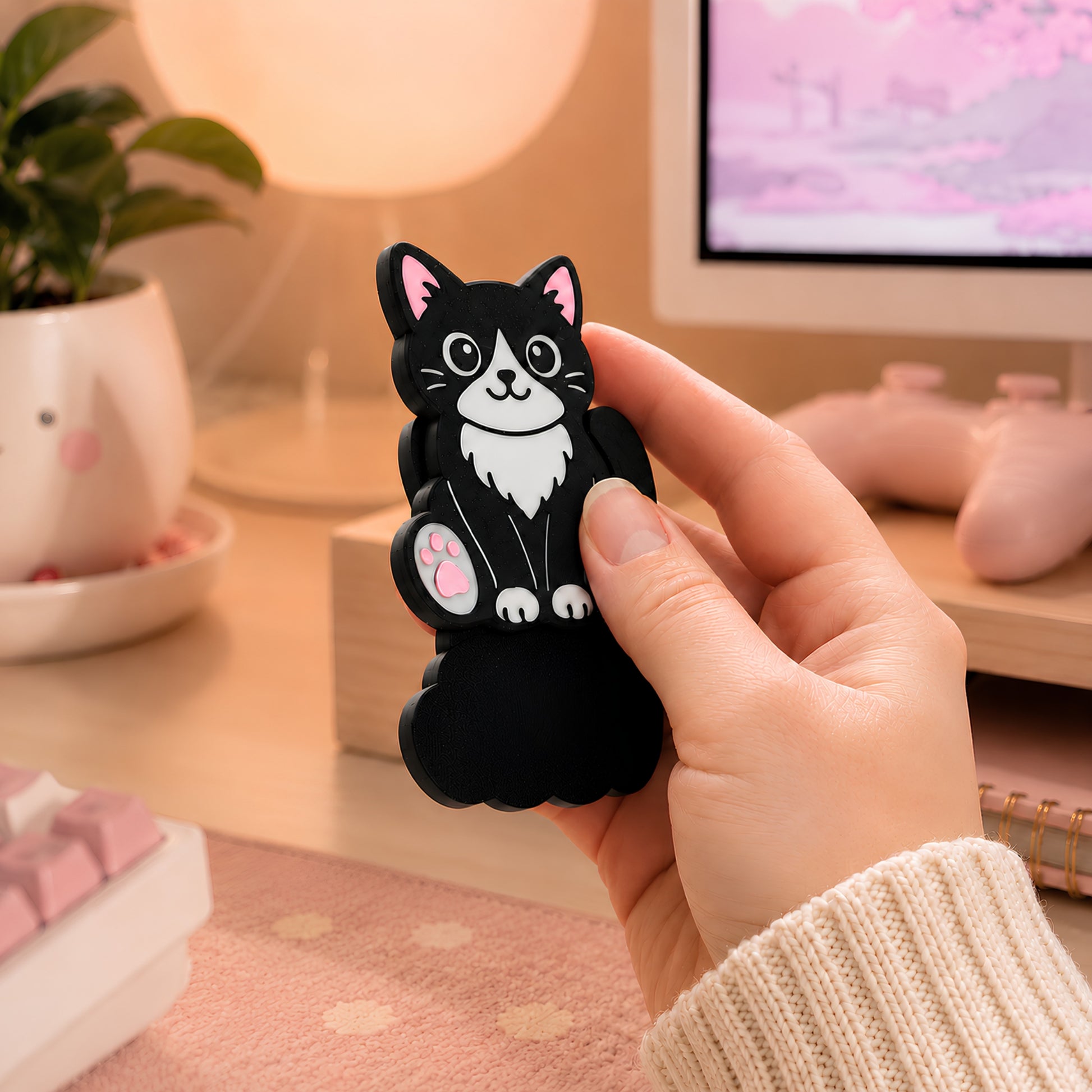 Black and white tuxedo cat magnetic fidget held in one hand at a pastel pink office desk, showing the cat-shaped sensory toy in use beside a keyboard, monitor, plant, and warm lamp.