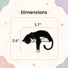 Illustration of a tuxedo cat magnet with dimensions 2.6" x 3.7" on a decorative background.