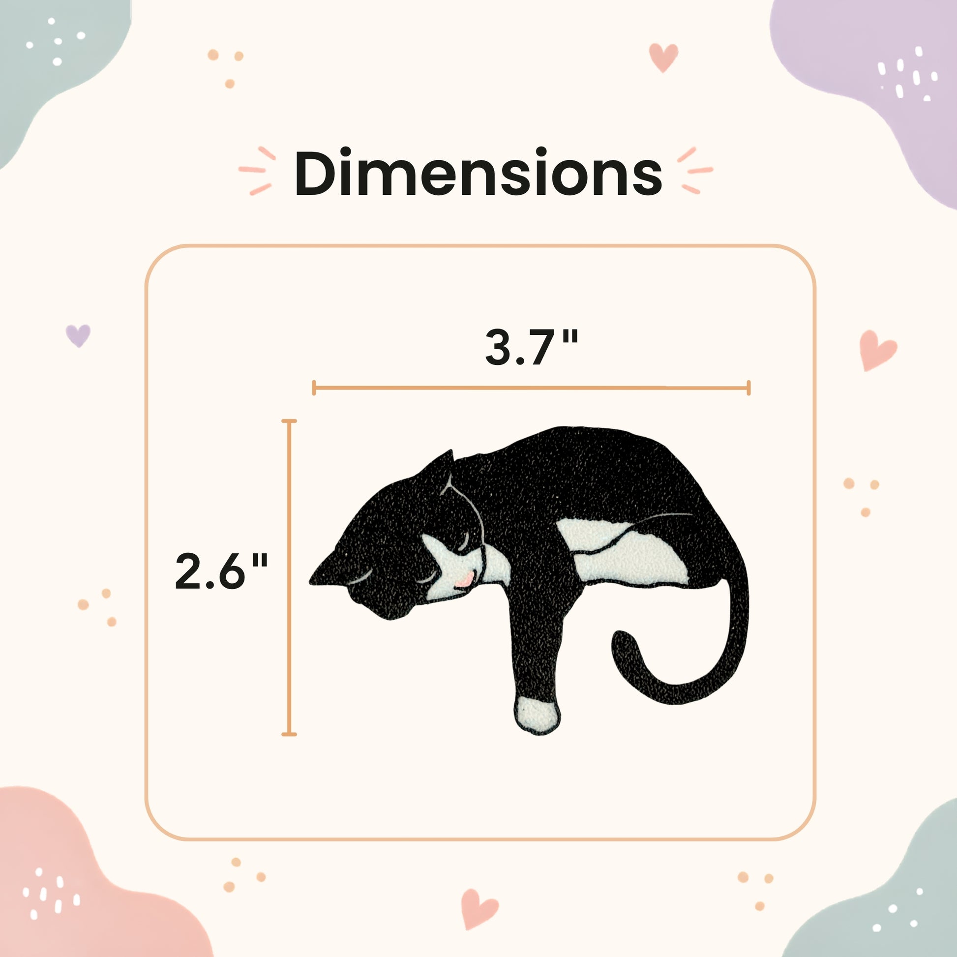 Illustration of a tuxedo cat magnet with dimensions 2.6" x 3.7" on a decorative background.